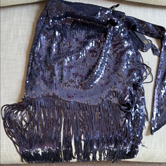 House of Harlow 1960 Navy Sequin Fringe Midi Skirt - Picture 2 of 5